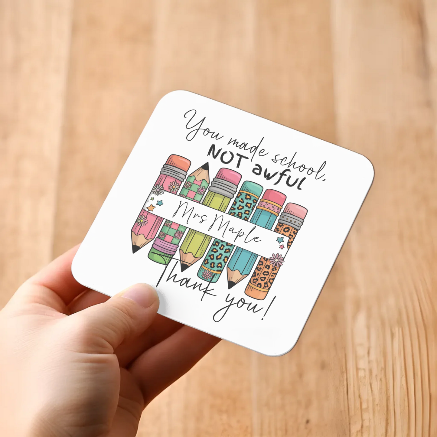 Bright pencil design coaster – thank you teacher present UK
