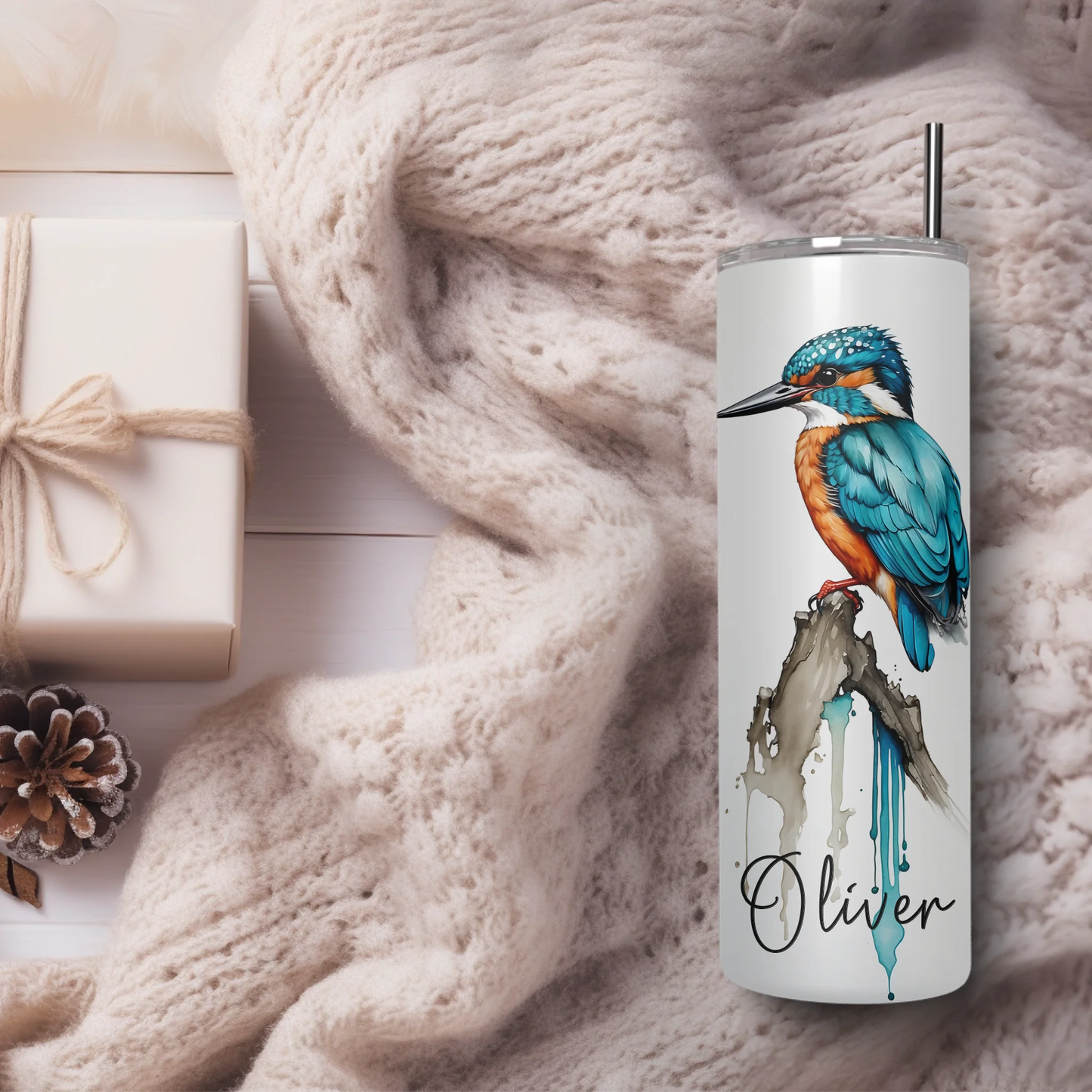 Watercolour bird travel cup with name