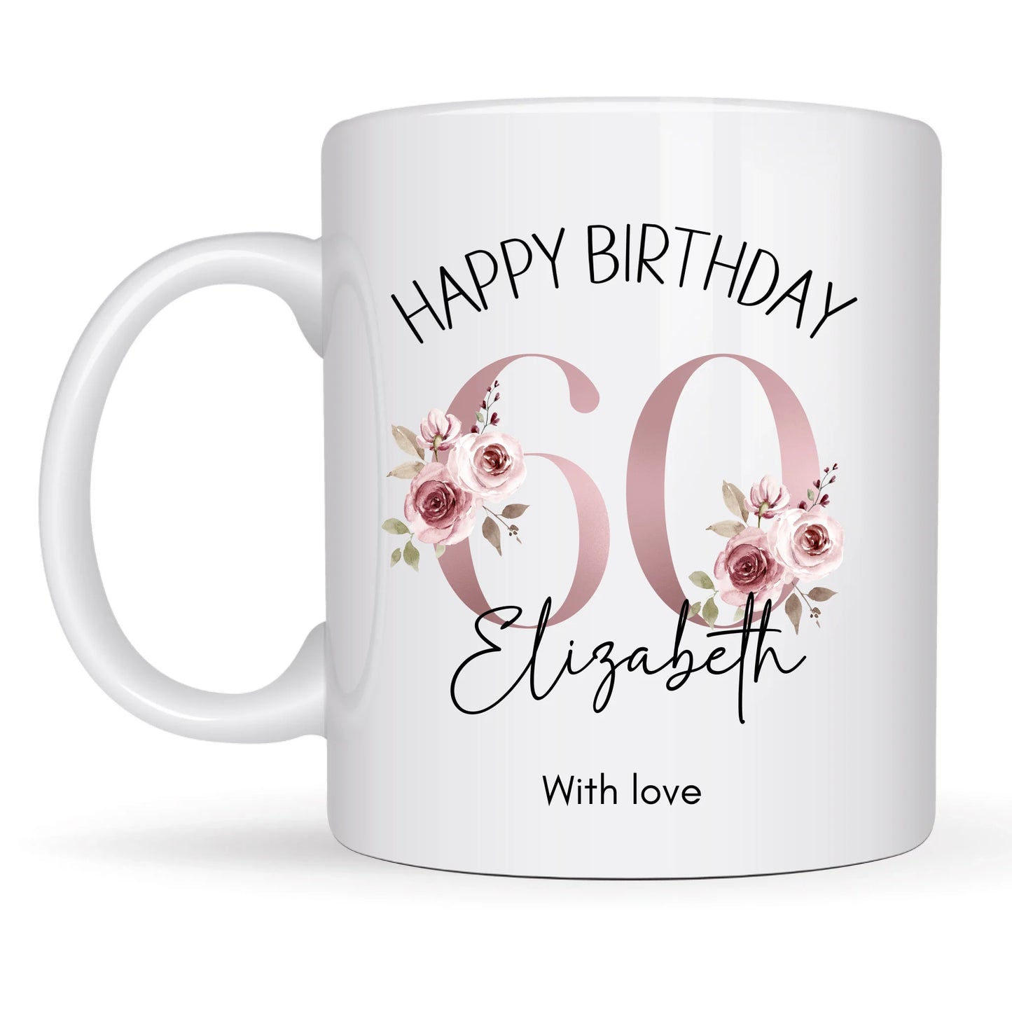 Personalised 60th birthday mug with pink flowers