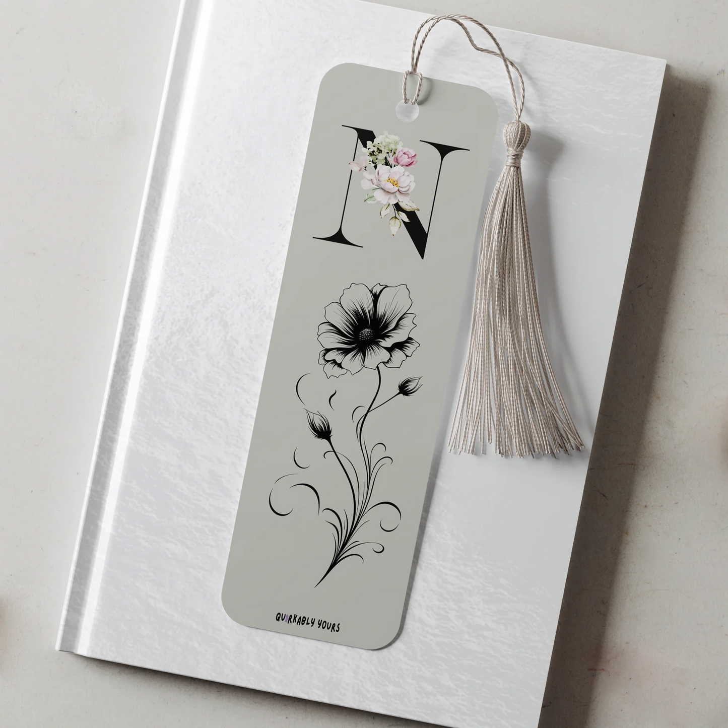 Personalised birthflower bookmark with black initial and floral design on aluminium