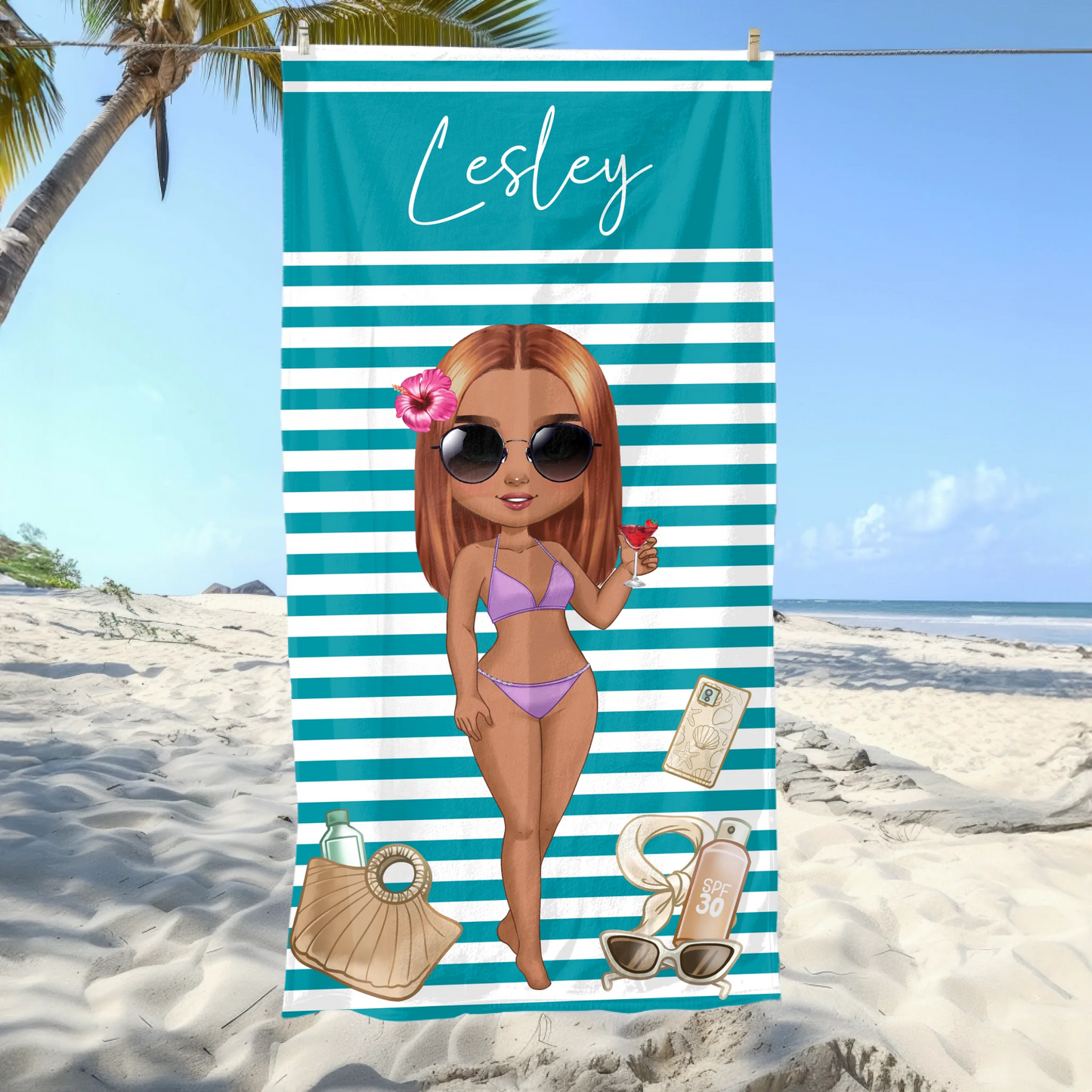 Personalised cartoon girl beach towel