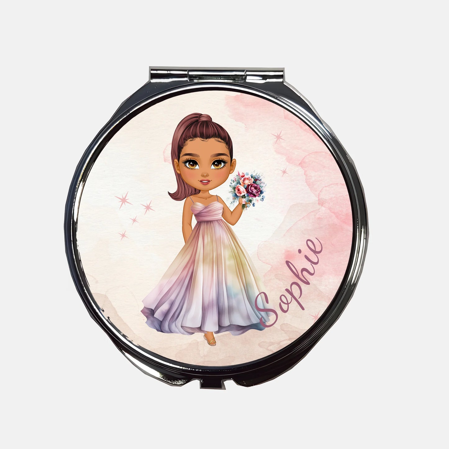 Personalised compact mirror with cartoon lady