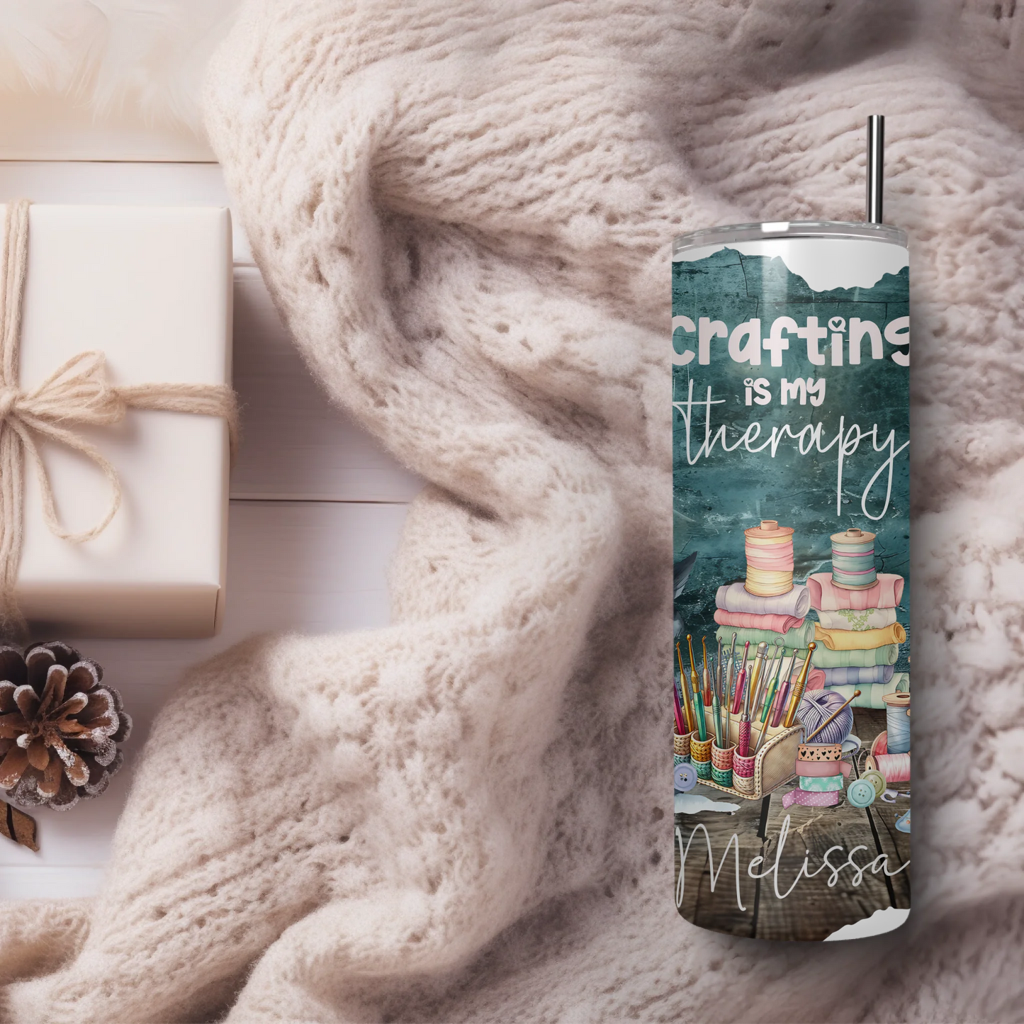 Custom craft-themed tumbler for knitters and sewers