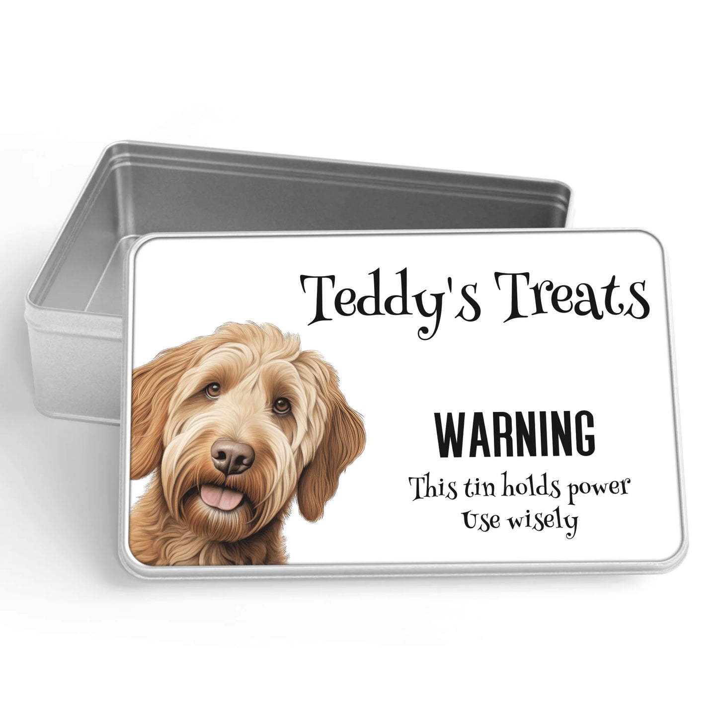 Quirky dog treat tin with custom warning