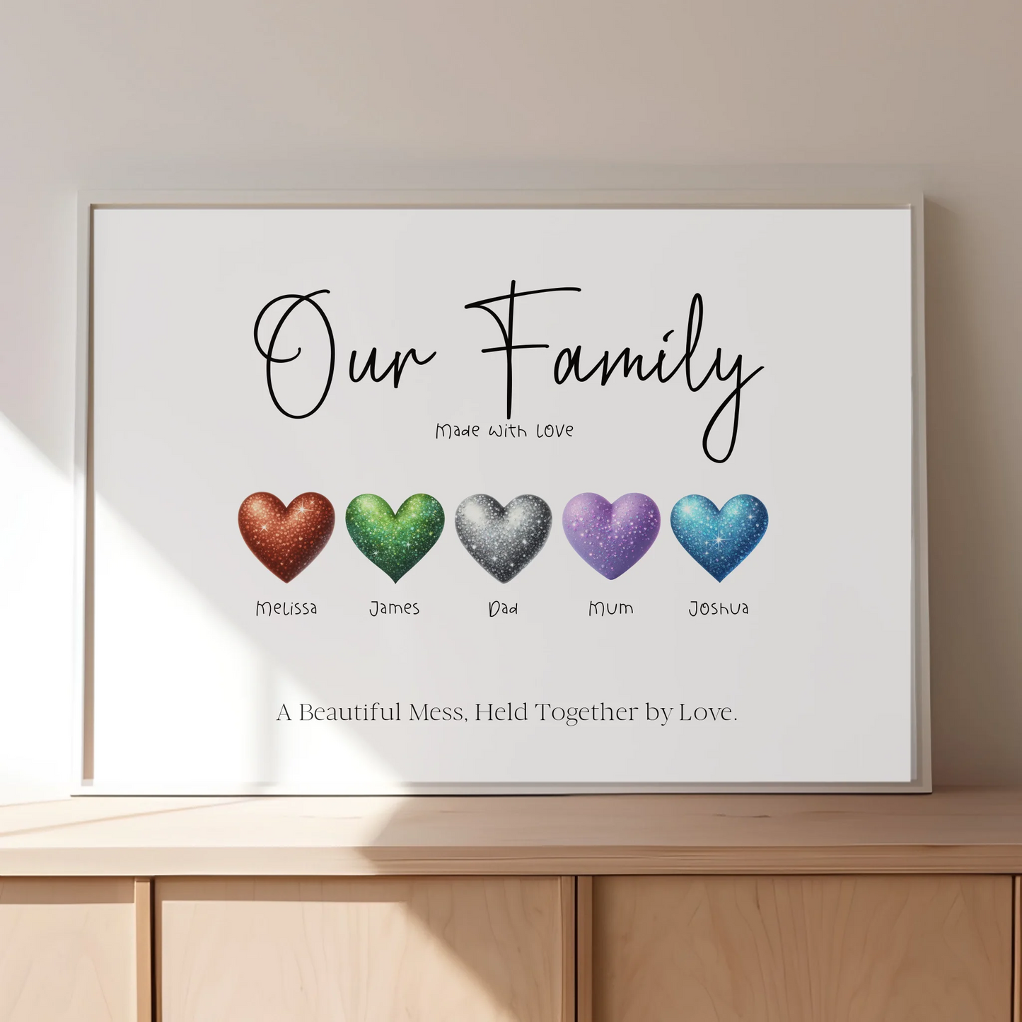 Handmade-style family print with quirky charm