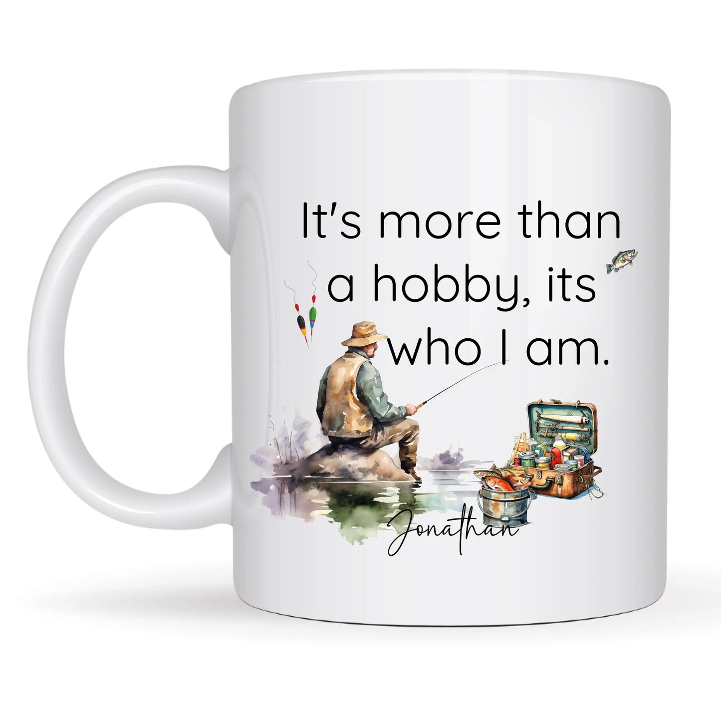 Watercolour fishing mug with man casting rod