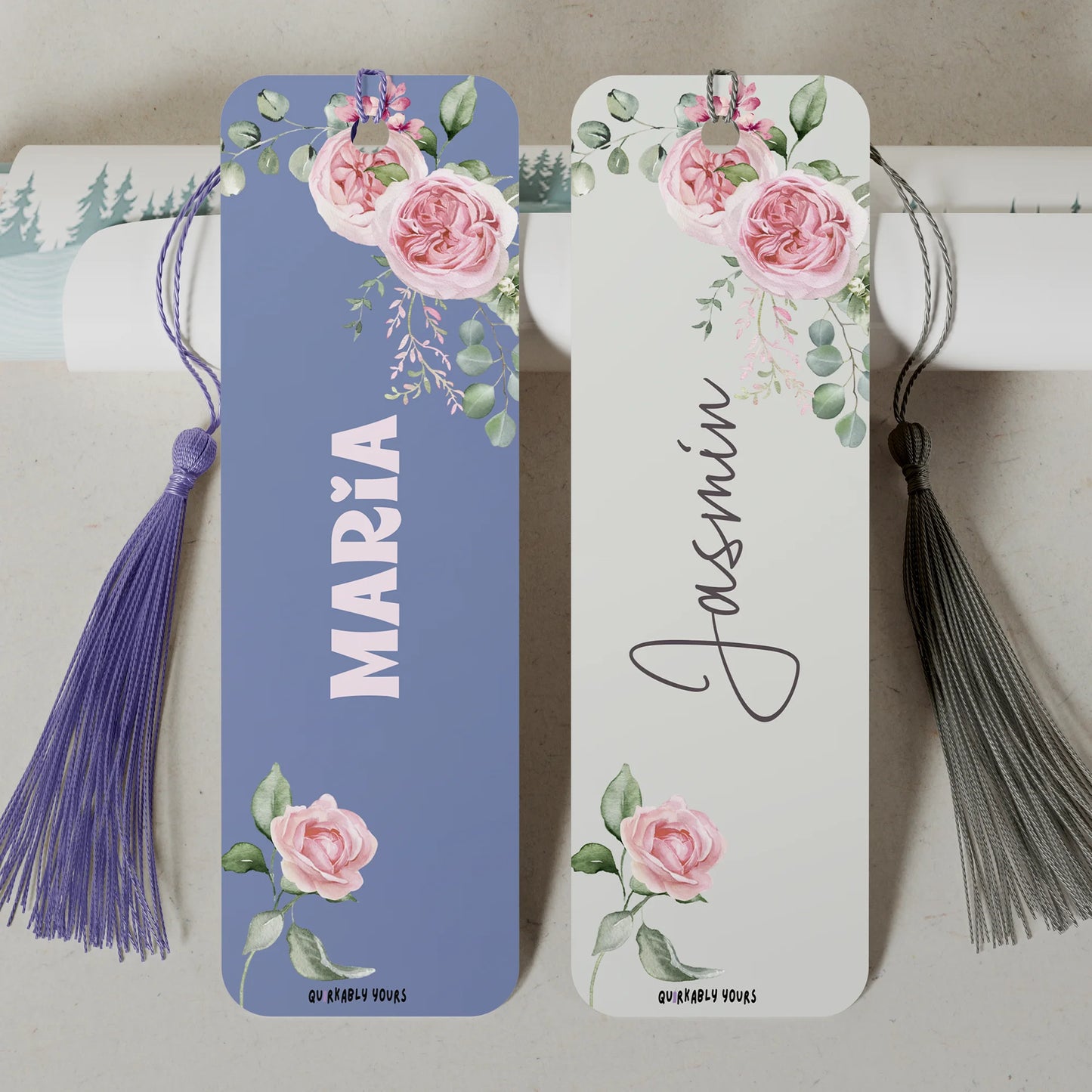 personalised elegant floral aluminium bookmark with pink flower design.