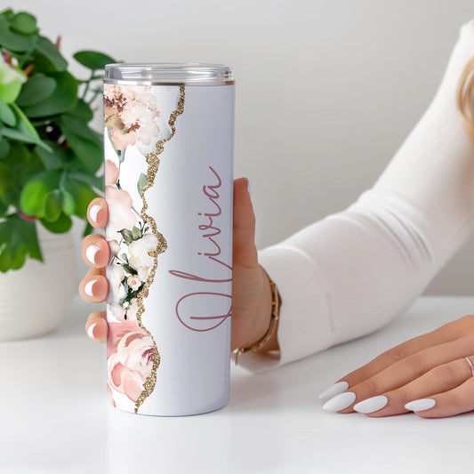 Personalised floral insulated travel cup with pink and gold details
