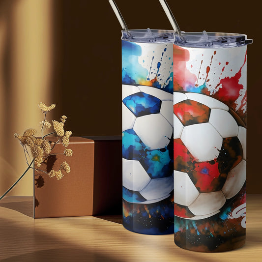 Personalised football tumbler with name in blue splash design