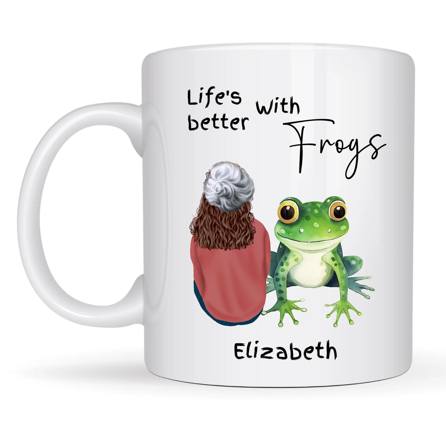 Unique frog lover gift mug with female character for her gift