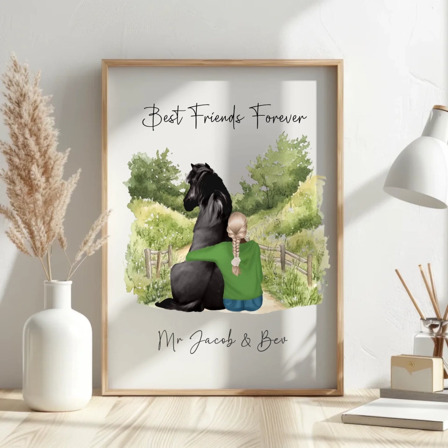 Personalised horse rider art with scenic background and quote