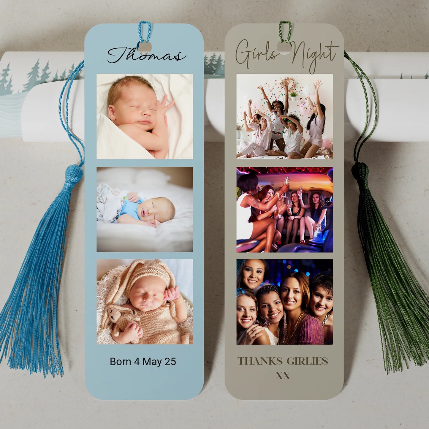 Personalised photo bookmark with three pictures, name and message on pastel background