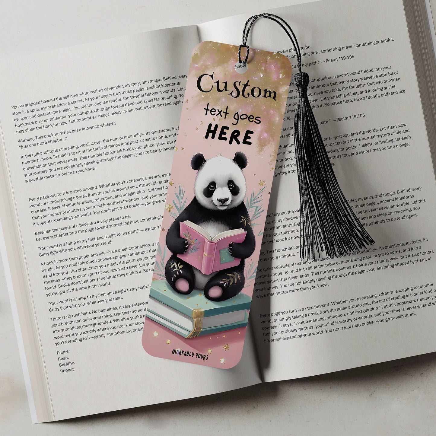 Personalised pink panda bookmark with custom name and reading buddy text