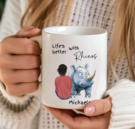 Custom rhino-themed coffee cup