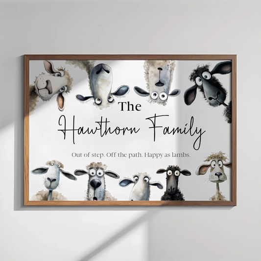 Personalised sheep family print with quirky characters