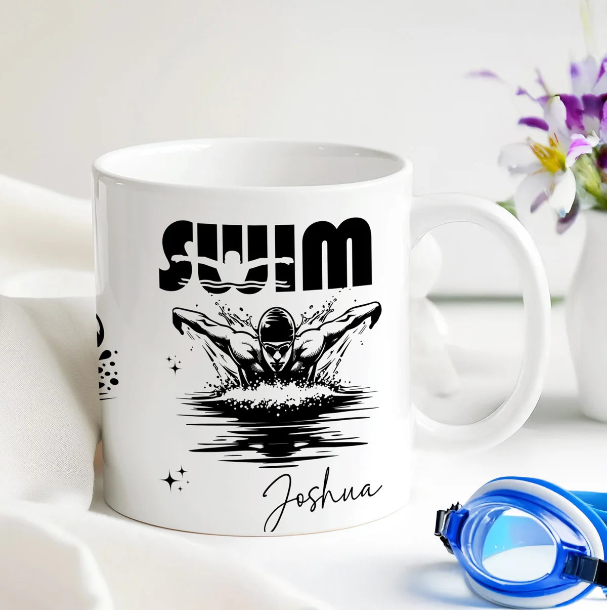 Personalised swimmer name mug with silhouette design