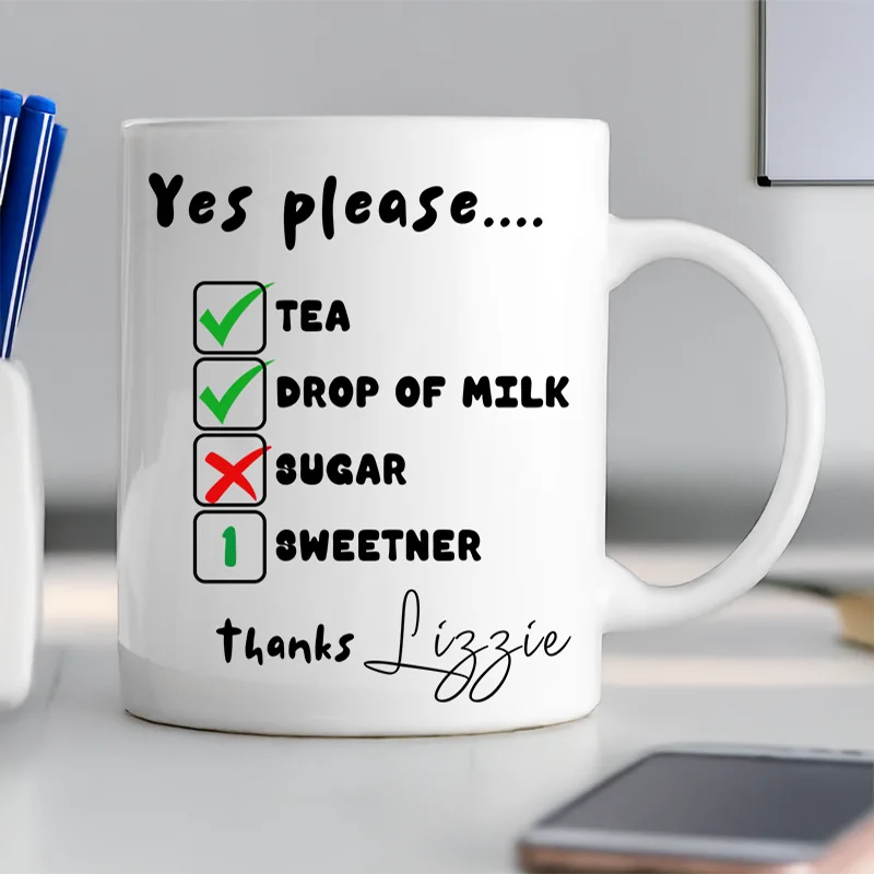White mug with a personalised Tea coffee preference list