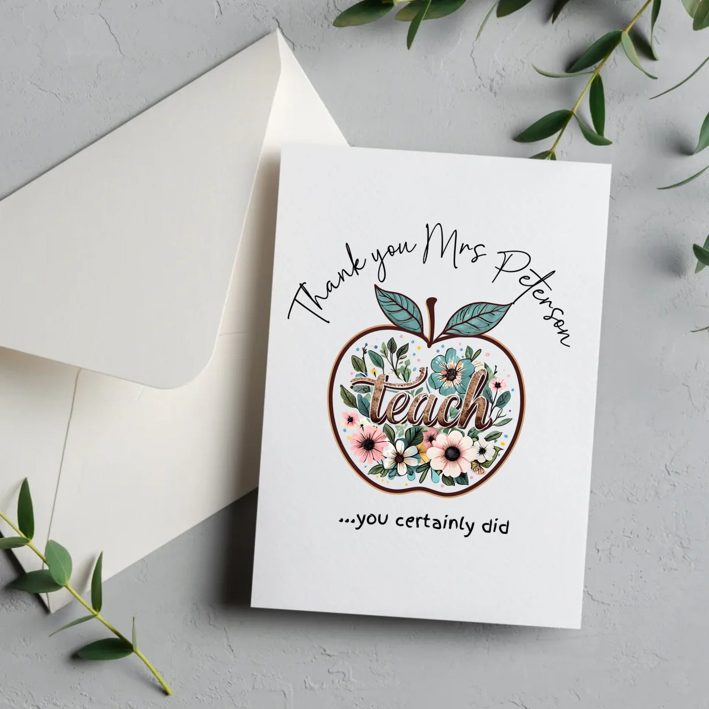 Personalised thank you teacher card with floral apple