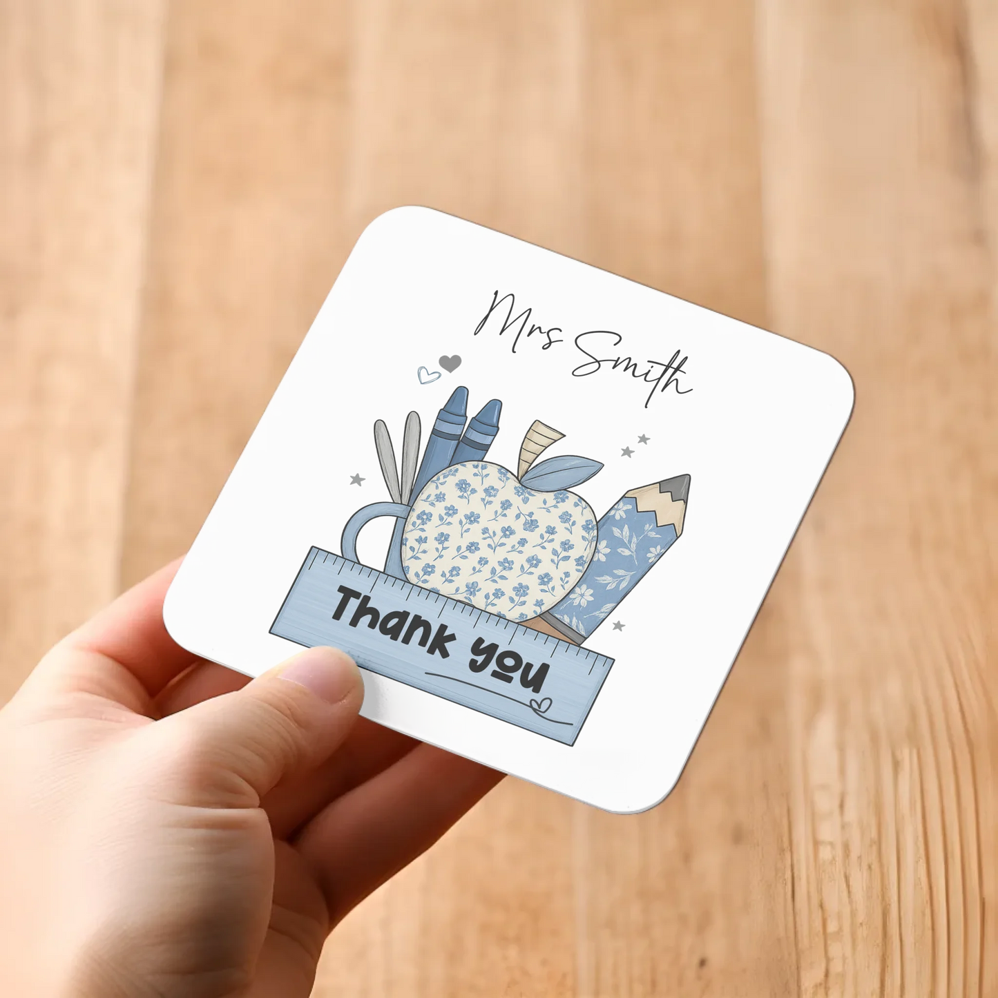 Personalised teacher coaster with custom name and crayons