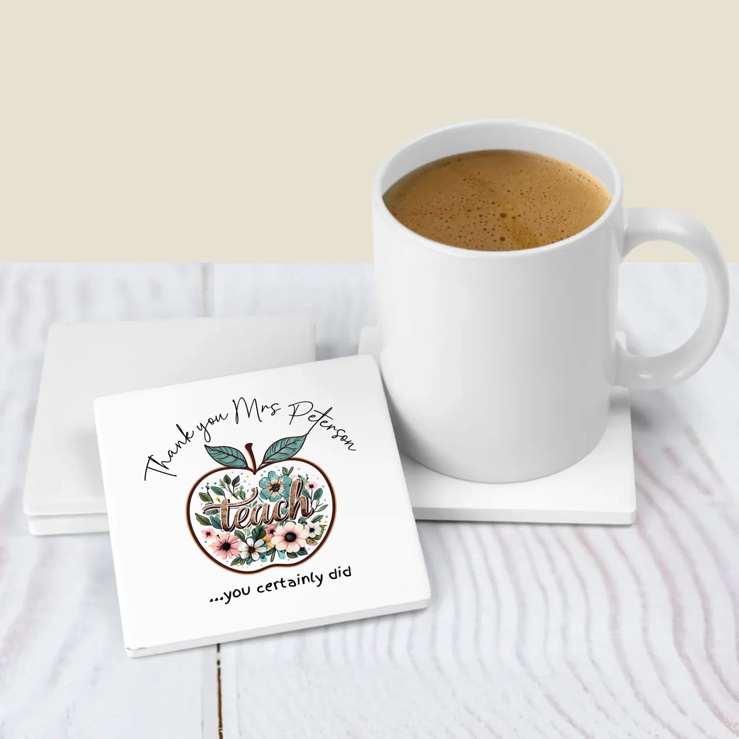 Personalised teacher coaster with floral apple