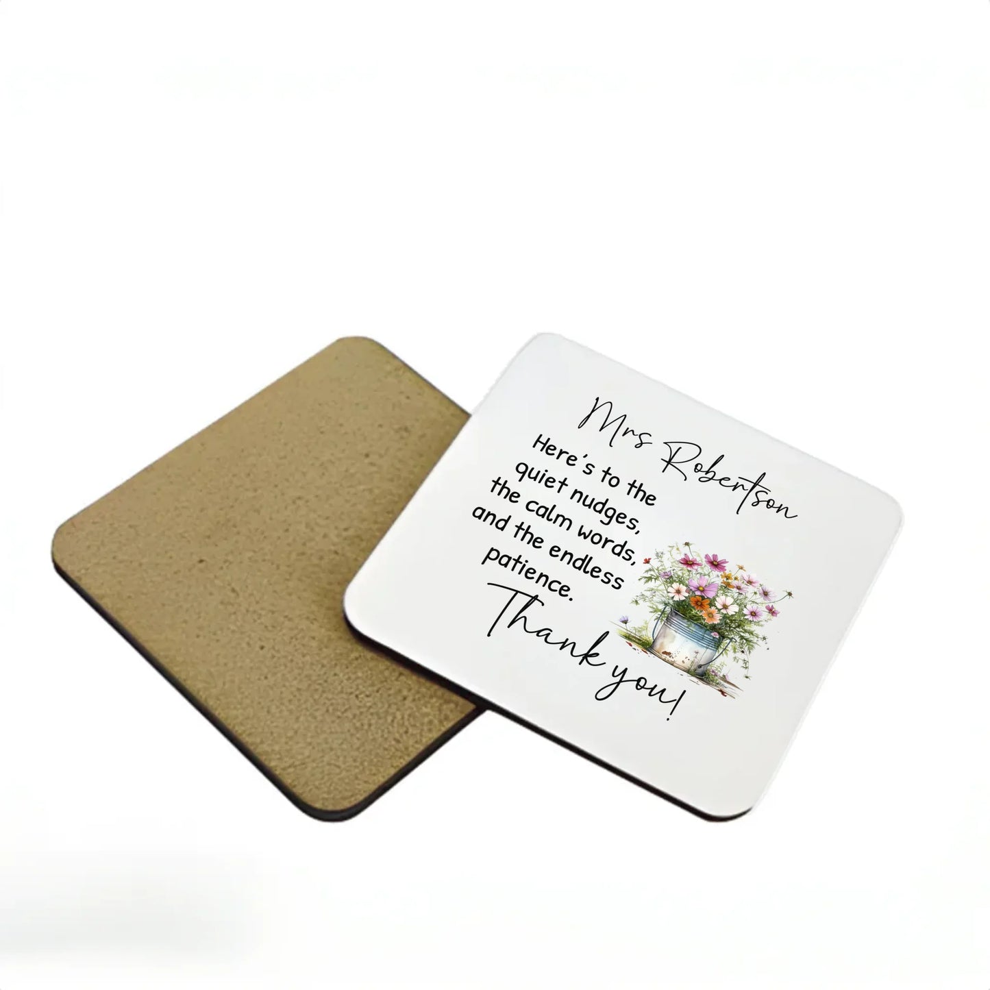 Personalised teacher coaster with wildflower design