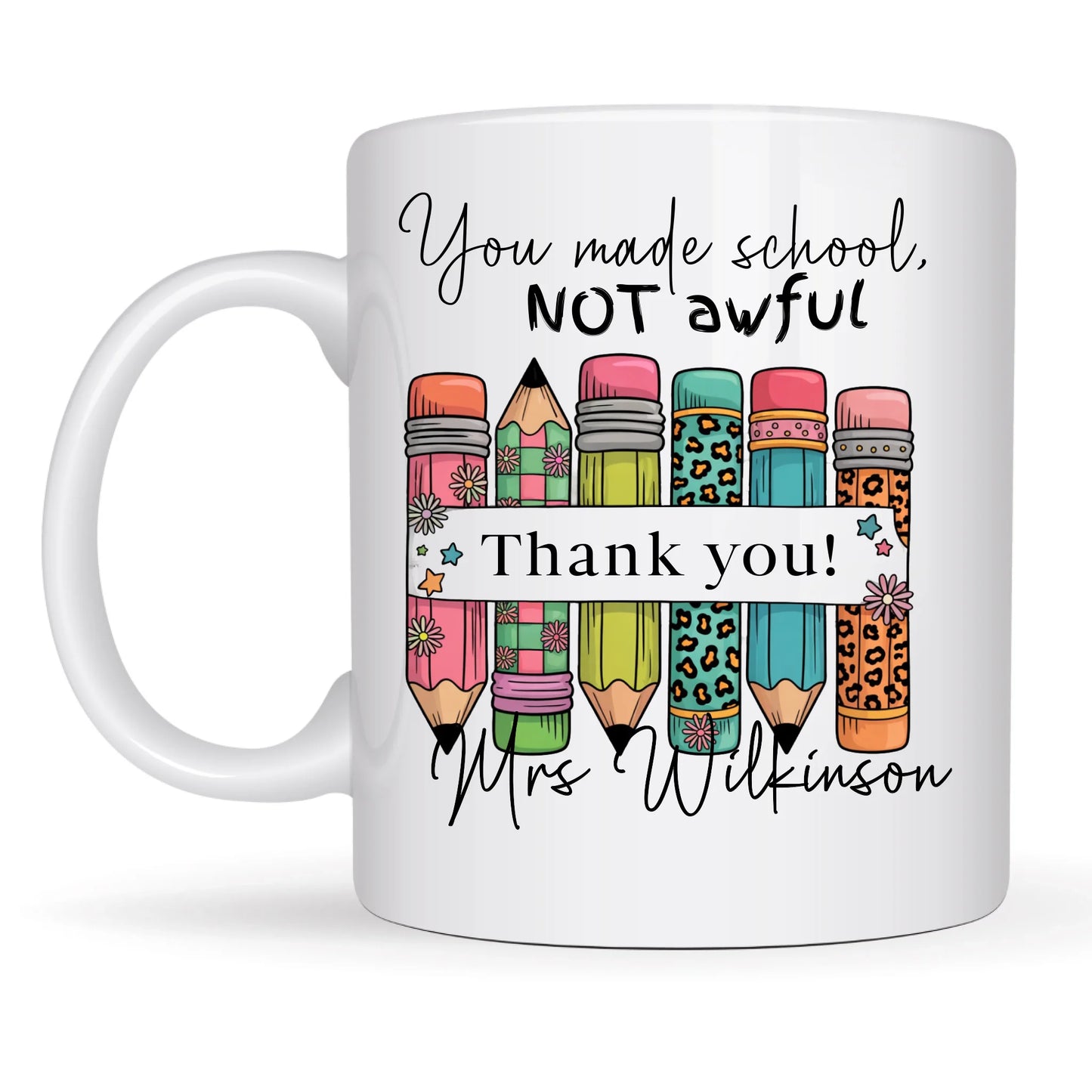 Personalised teacher mug with colourful pencils