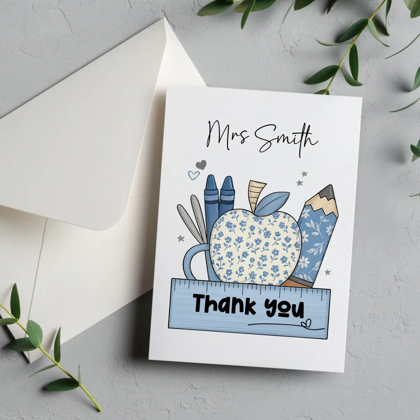 Personalised thank you teacher card with ruler and apple design
