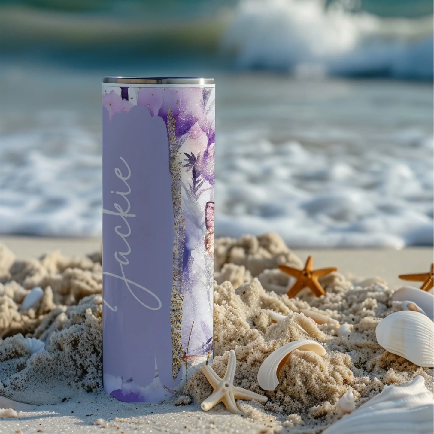 Personalised travel cup with purple butterfly design for gift