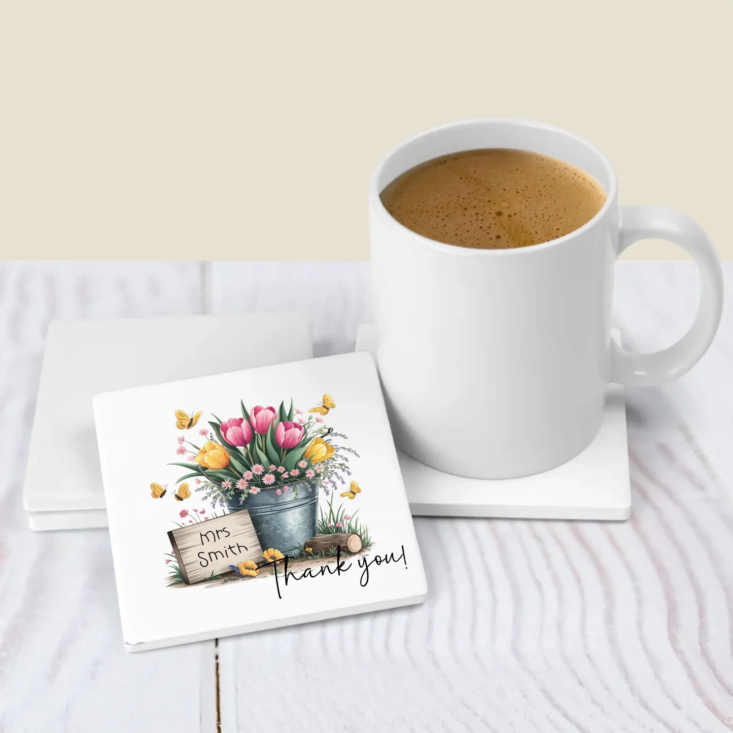 Personalised floral coaster with tulips and butterflies