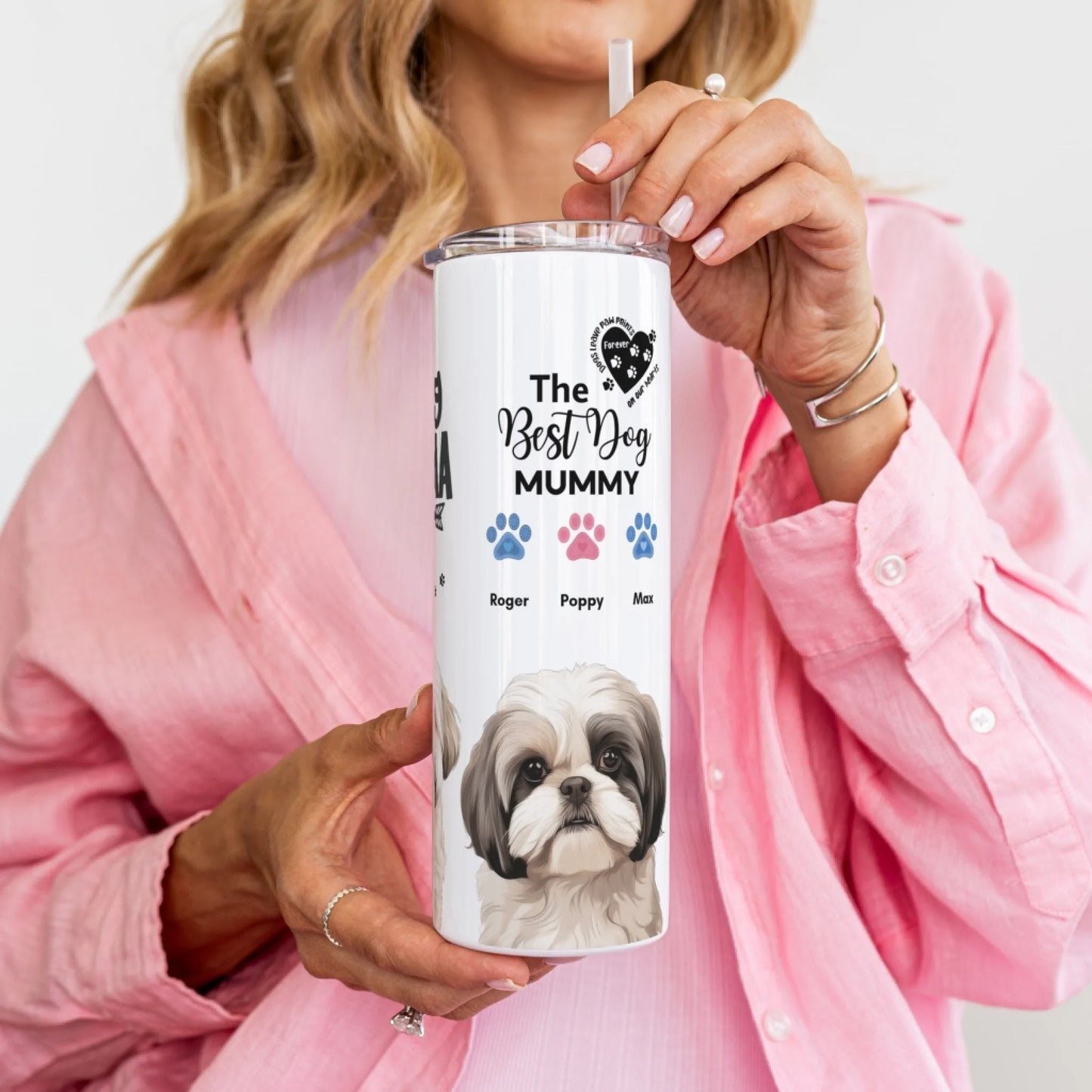 Dog-themed travel cup with quote and breed image
