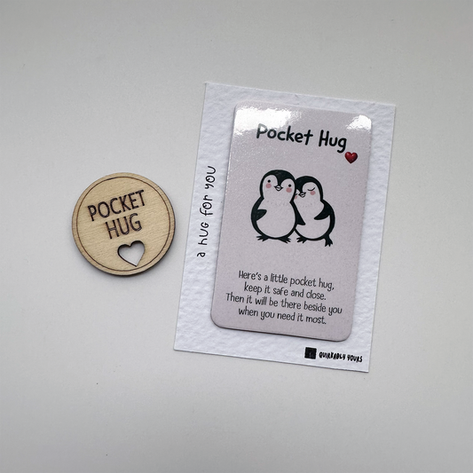 Pocket hug fridge magnet and wooden token for hug box letterbox gift