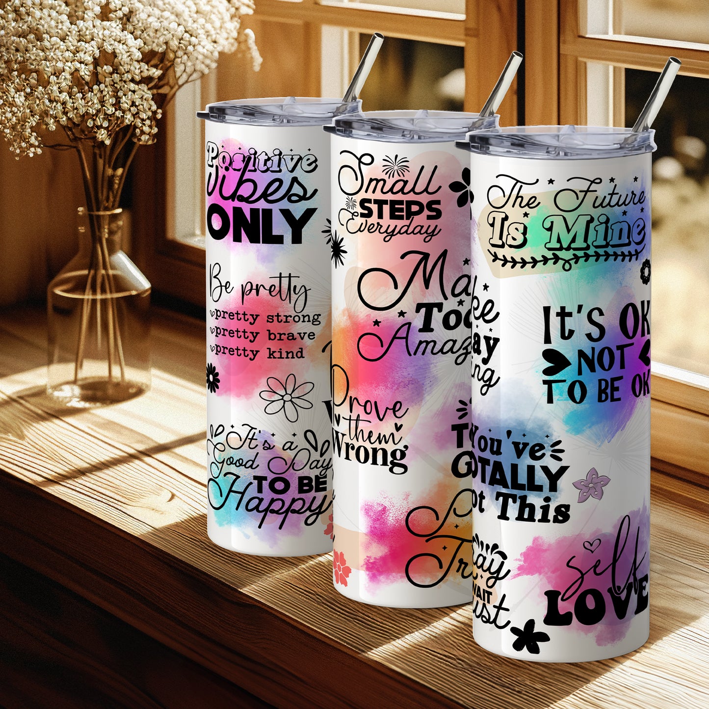 Motivational travel mug with uplifting quotes for wellbeing