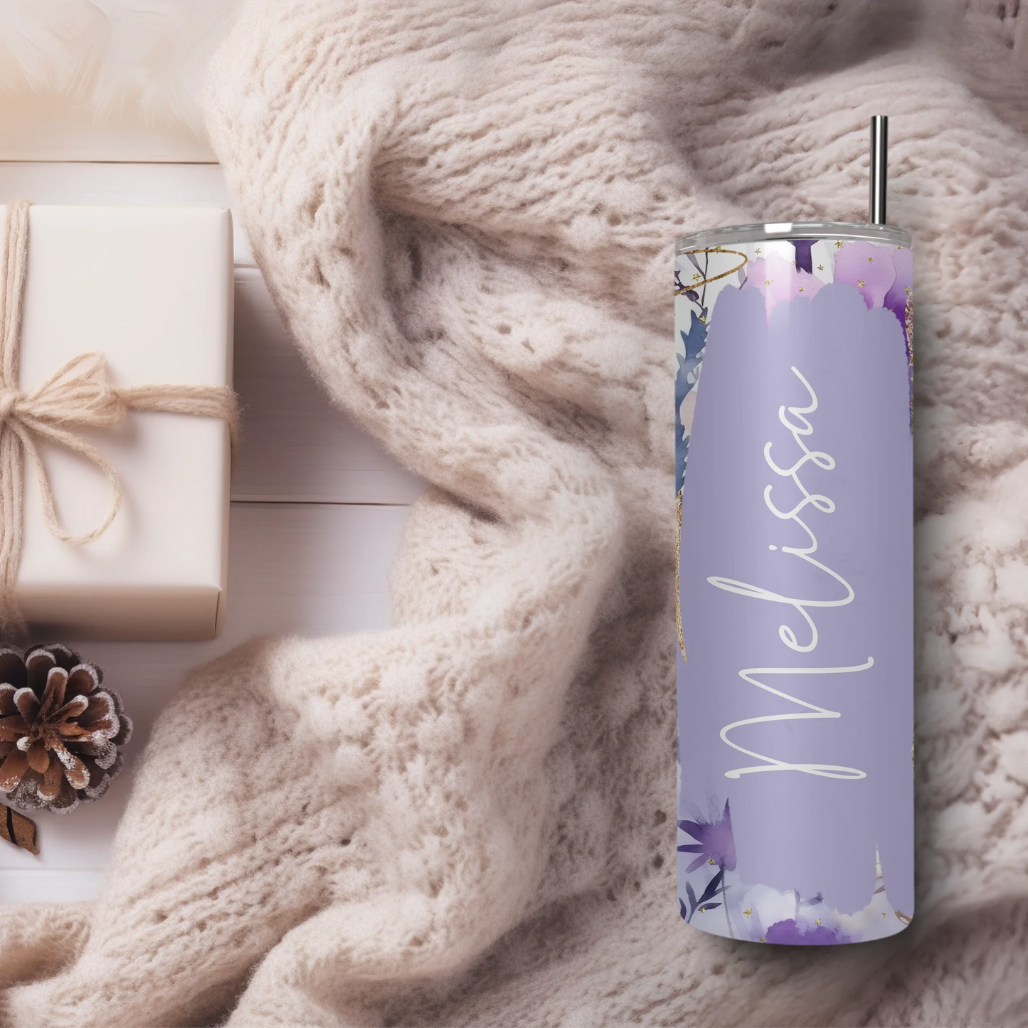 Pretty purple floral and butterfly travel mug with custom name
