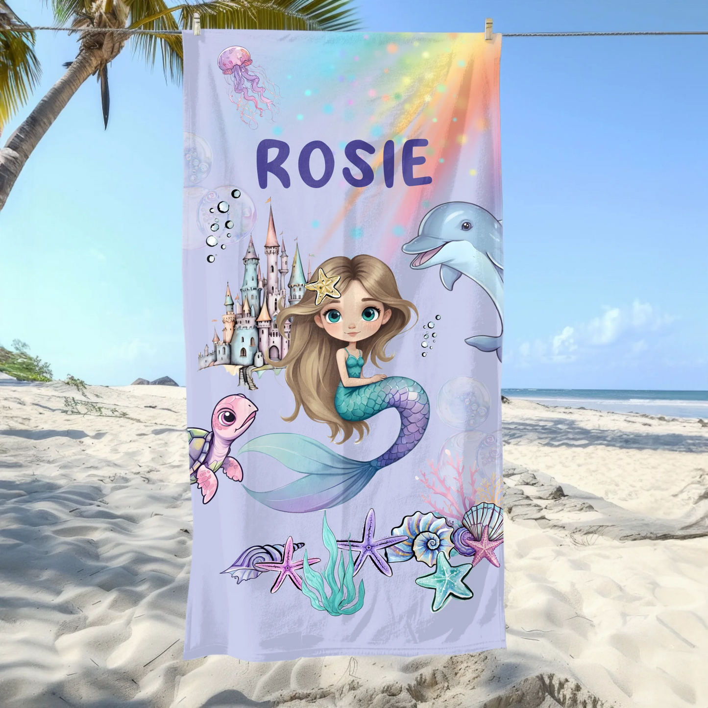 Colourful kids mermaid beach towel
