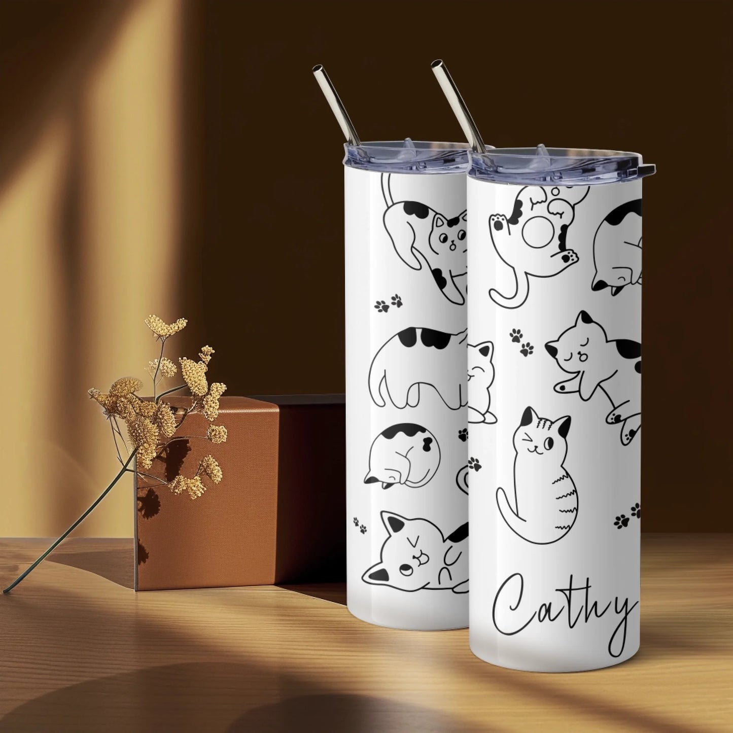 White travel flask with cats