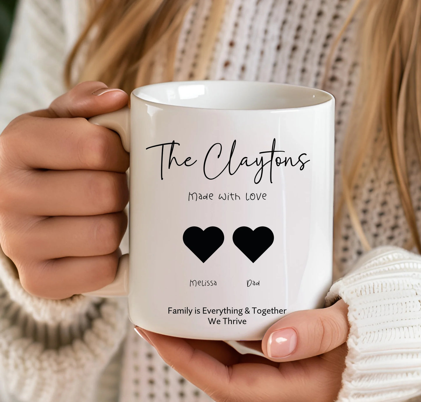 Family names mug with minimalist hearts