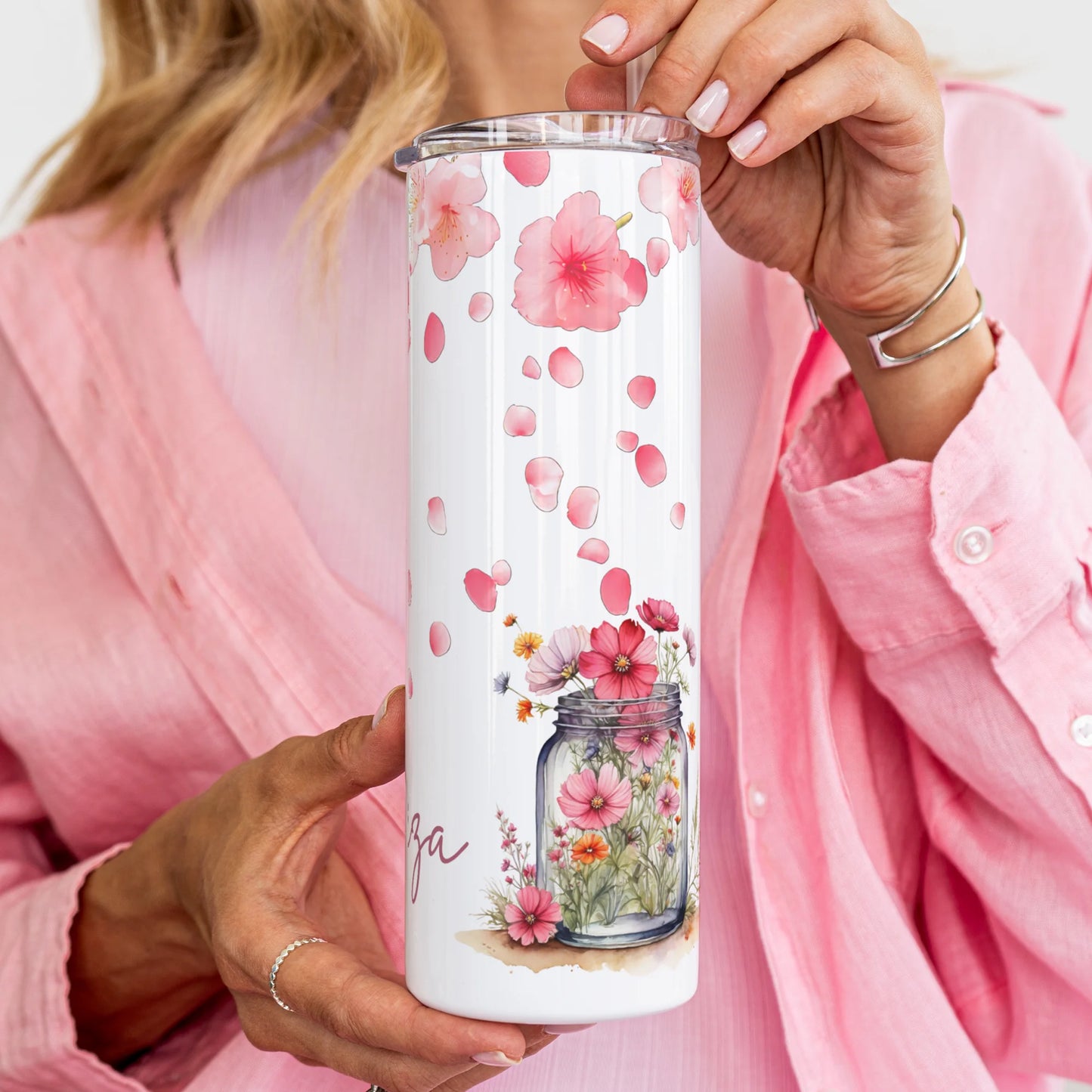 Personalised pink petals tumbler