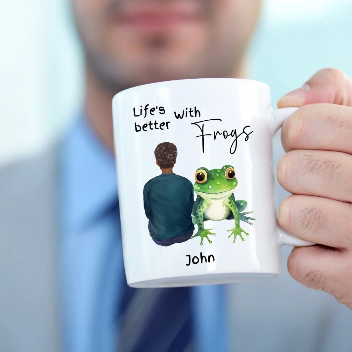 Personalised frog mug with male character and name