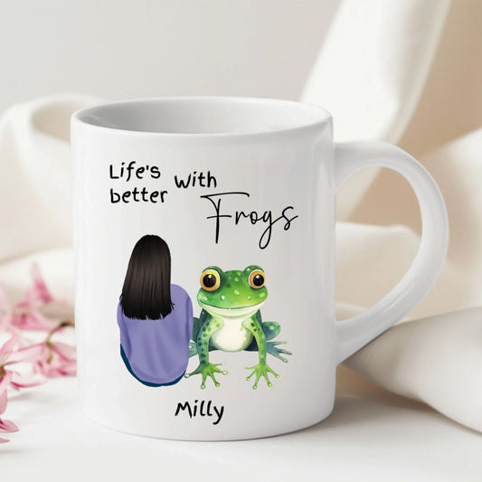 Personalised frog mug with female character customisable outfit