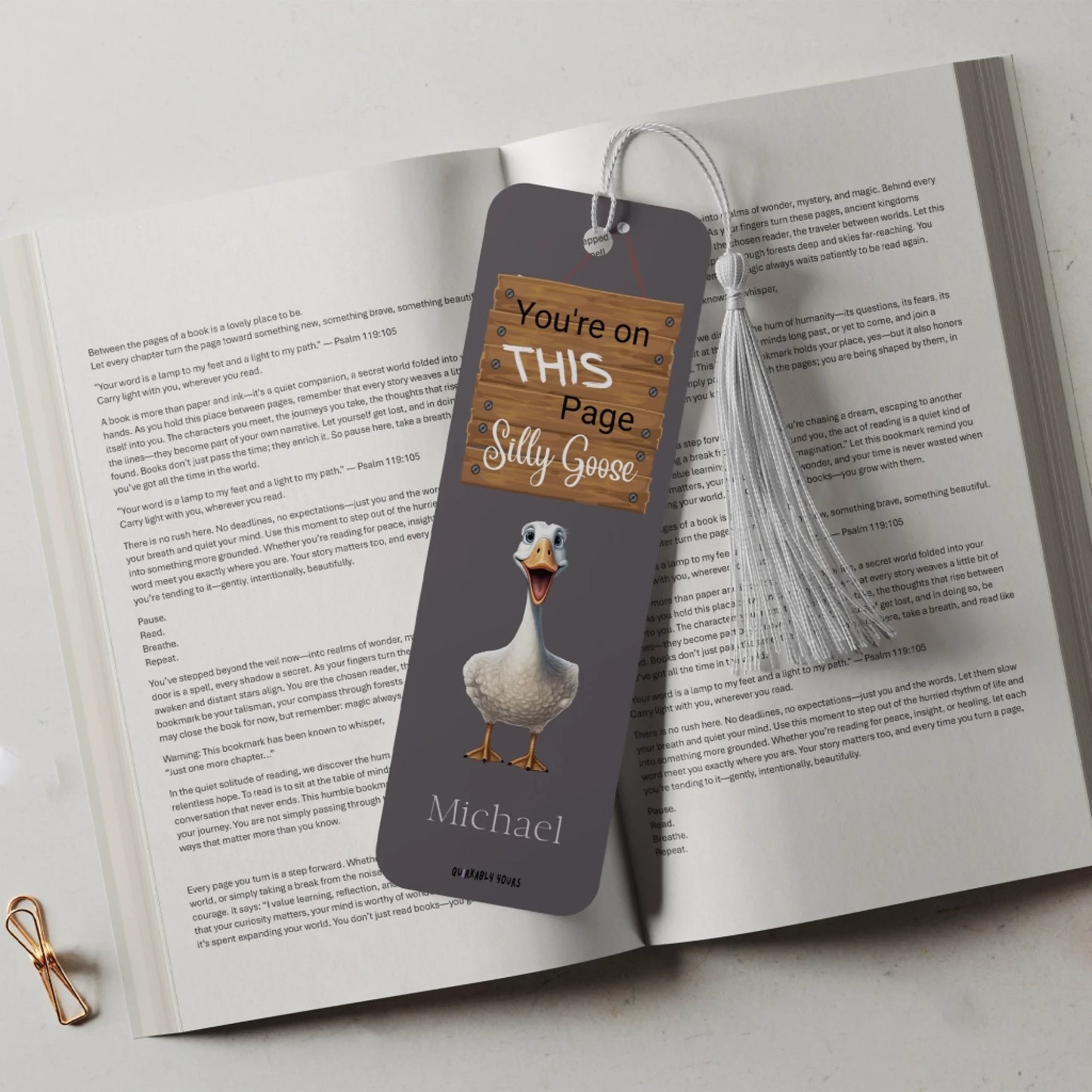 Goose-themed funny bookmark with name