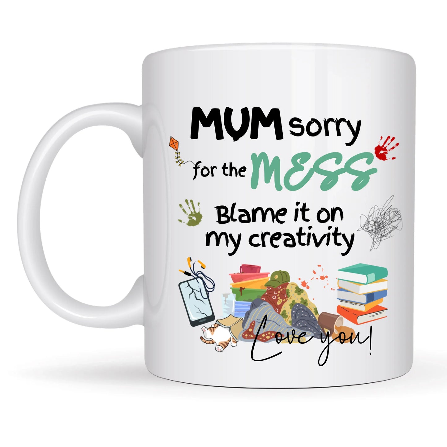 Personalised mum mug with laundry and art graphics