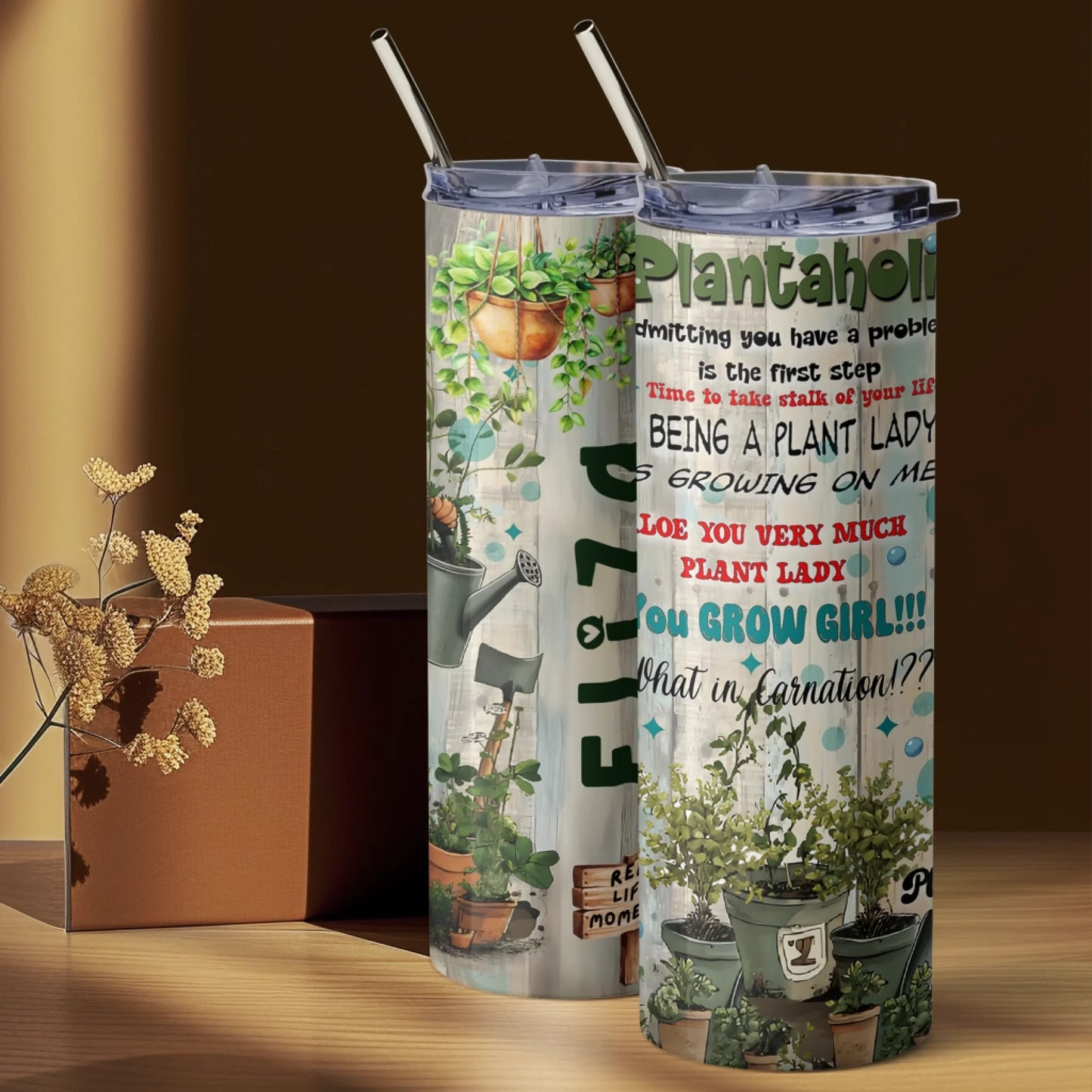 Plant mum gift travel mug with succulents and tools