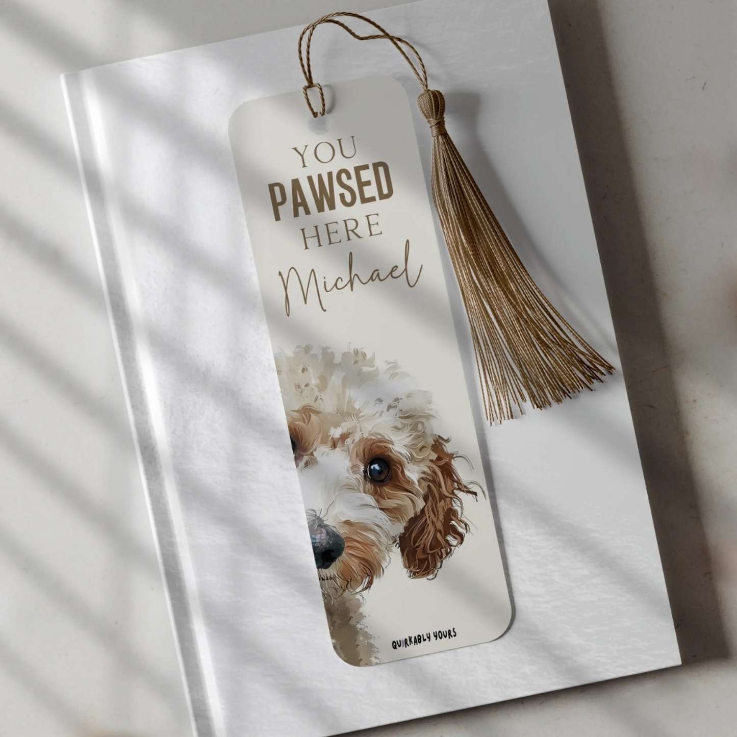 Quirky goldendoodle cockerpoo dog lover gift bookmark with customisable name and colour options