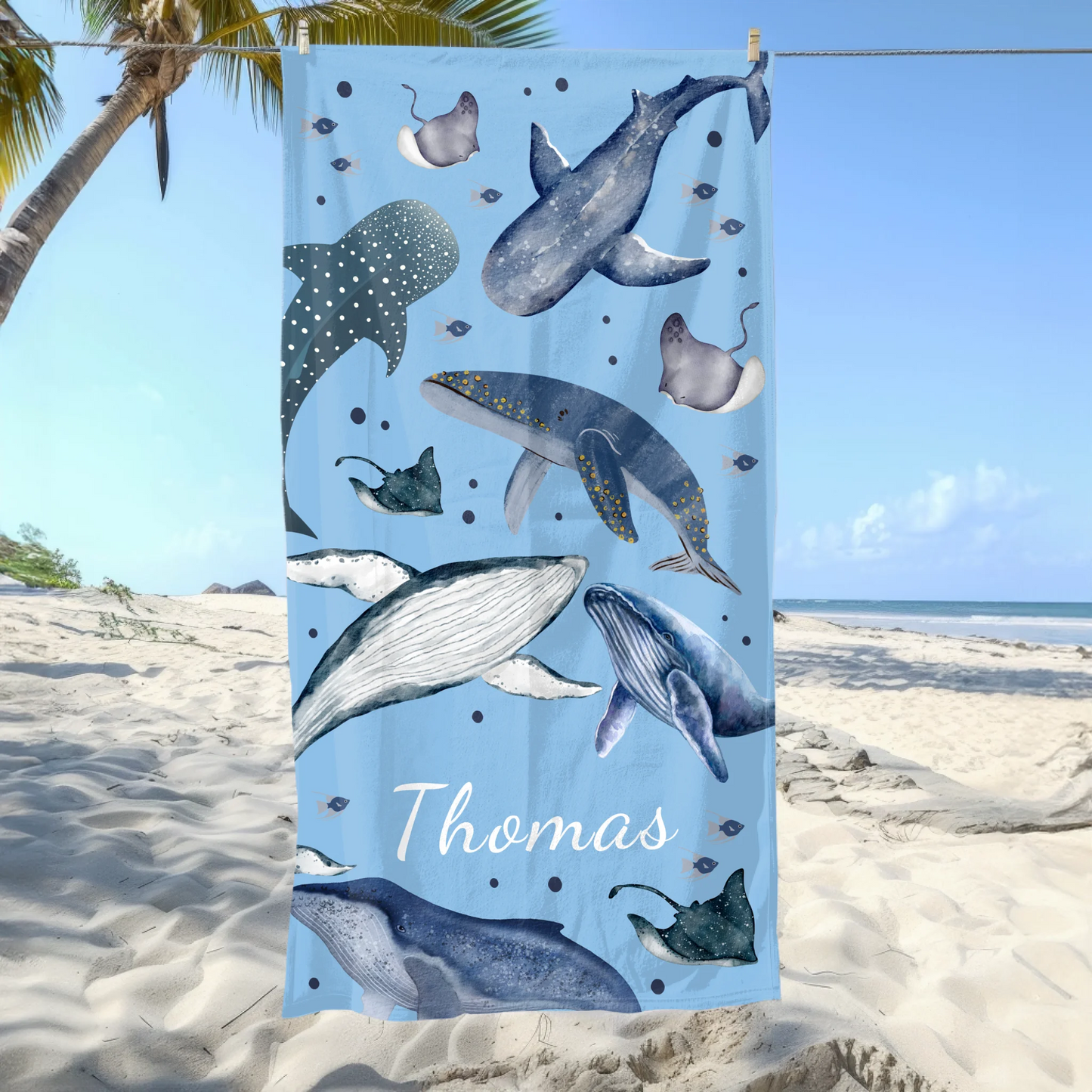Whales and sharks towel with name