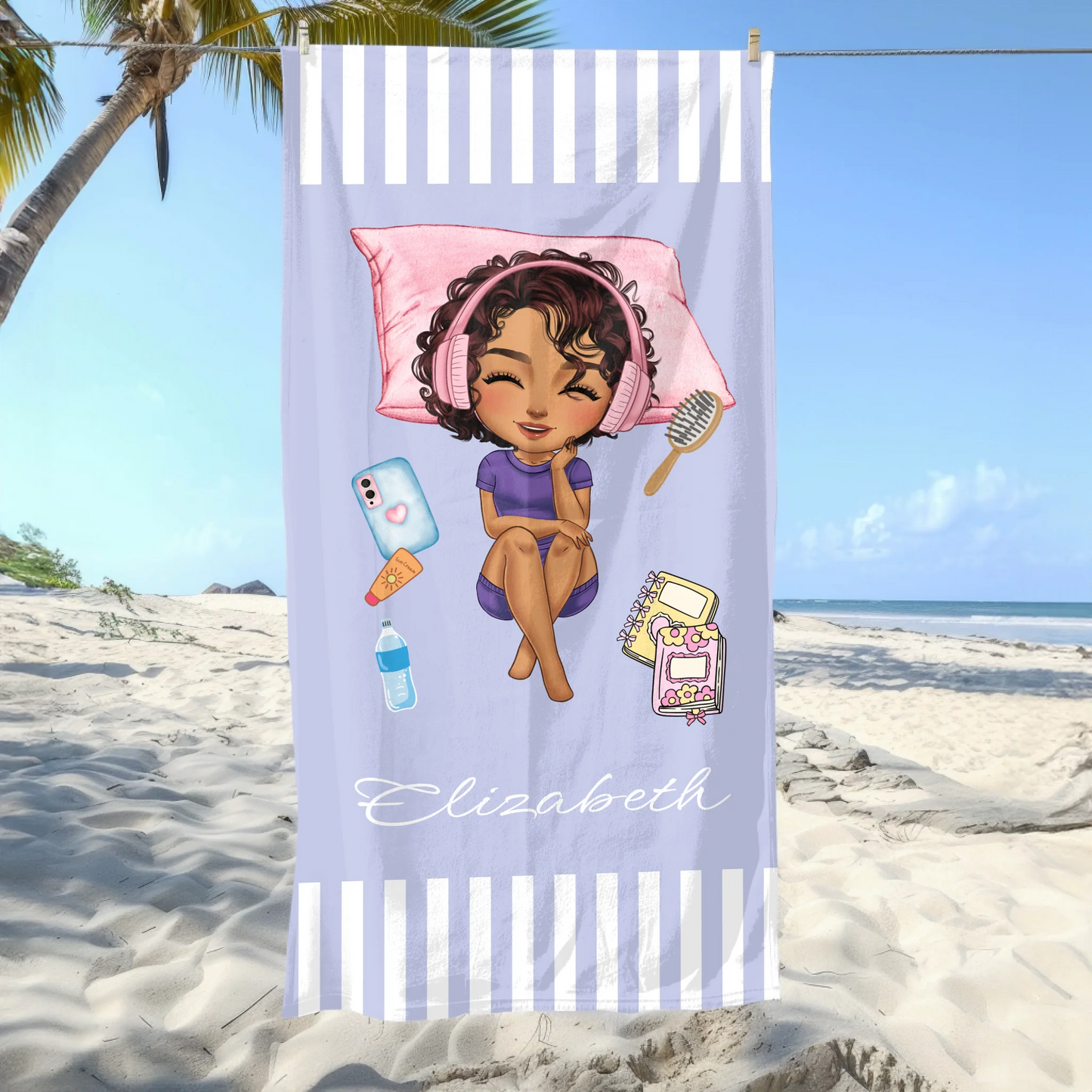 Beach Towel custom relaxing cartoon character girl