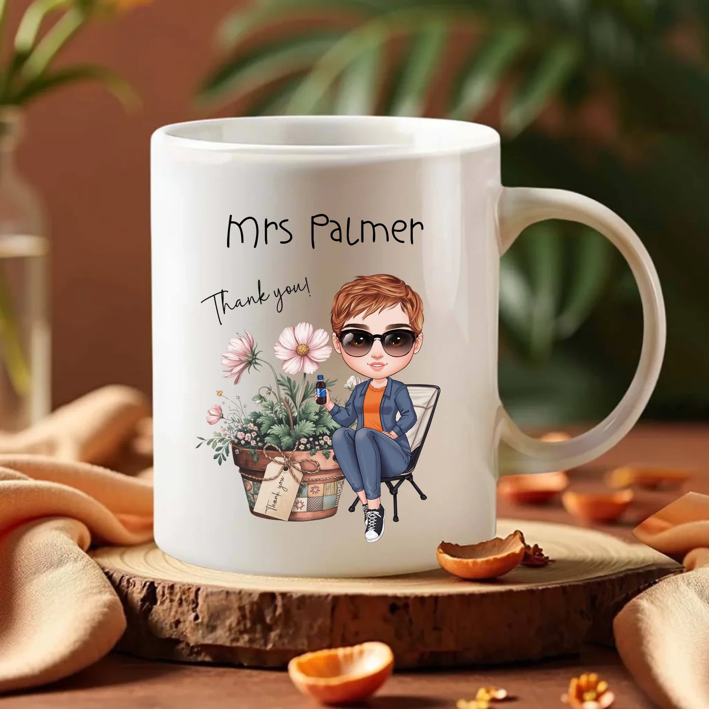 Female thank you mug with plant design