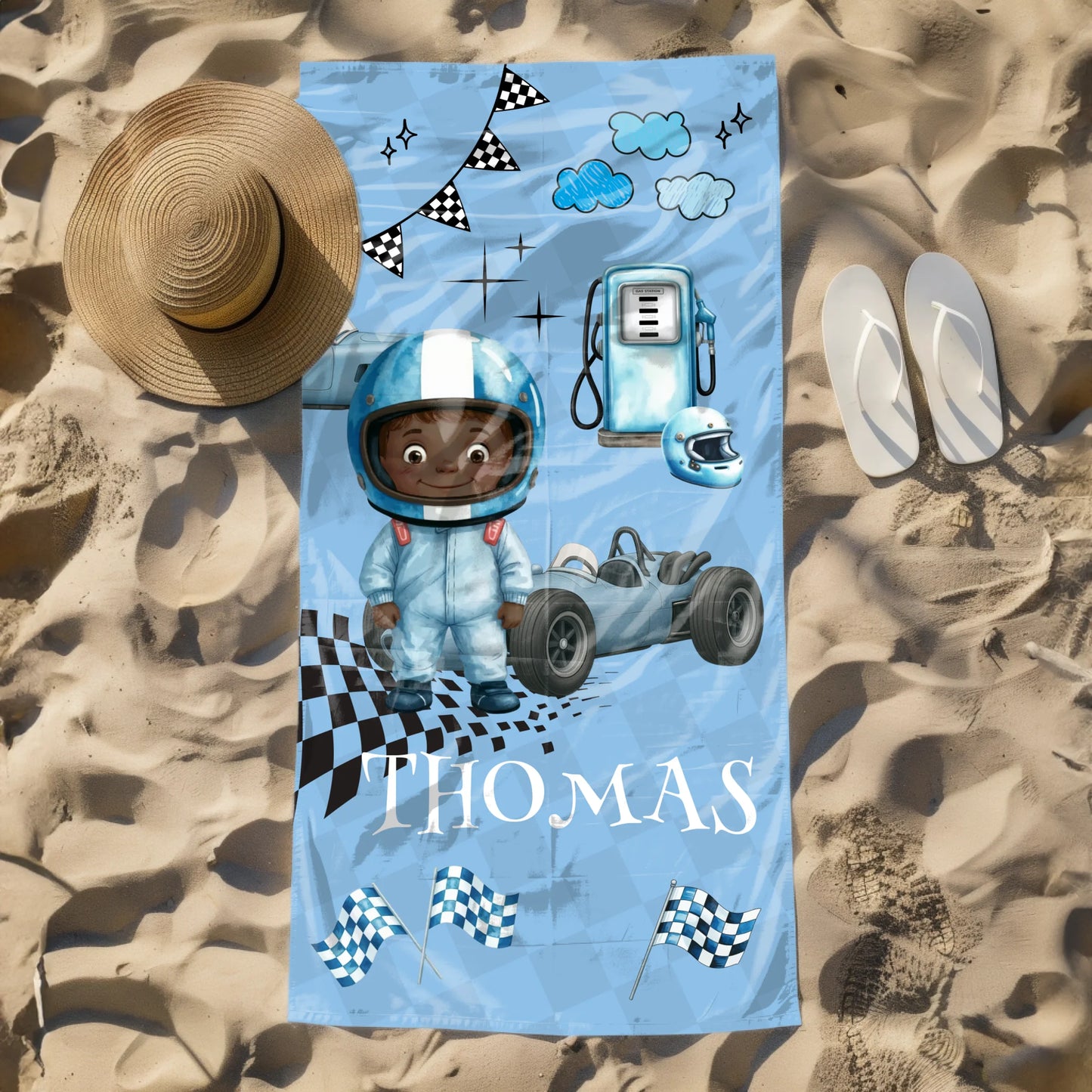 Blue race car themed towel for boys