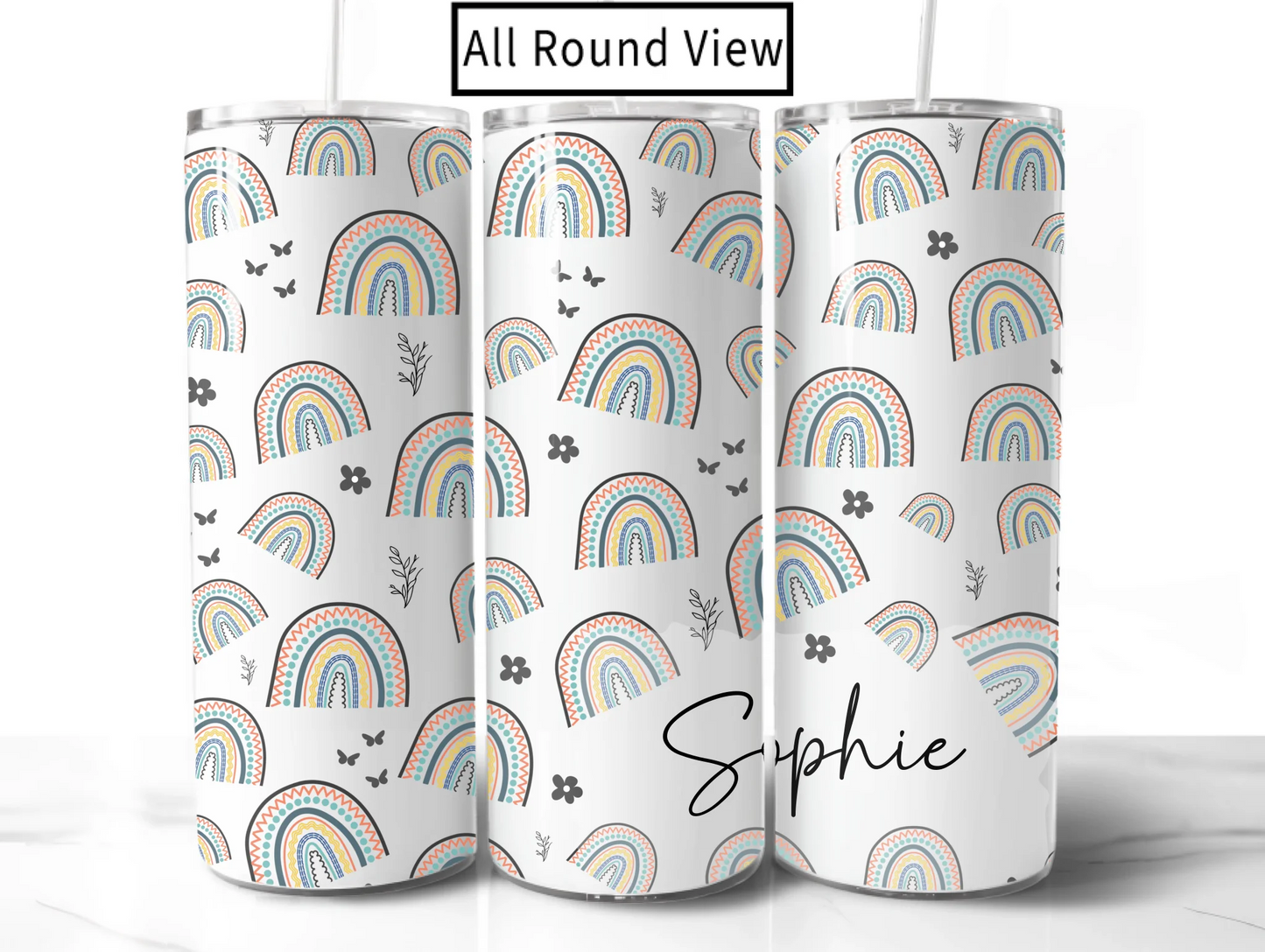 Three tumblers with rainbow patterns and the name 'Sophie' on a white background.