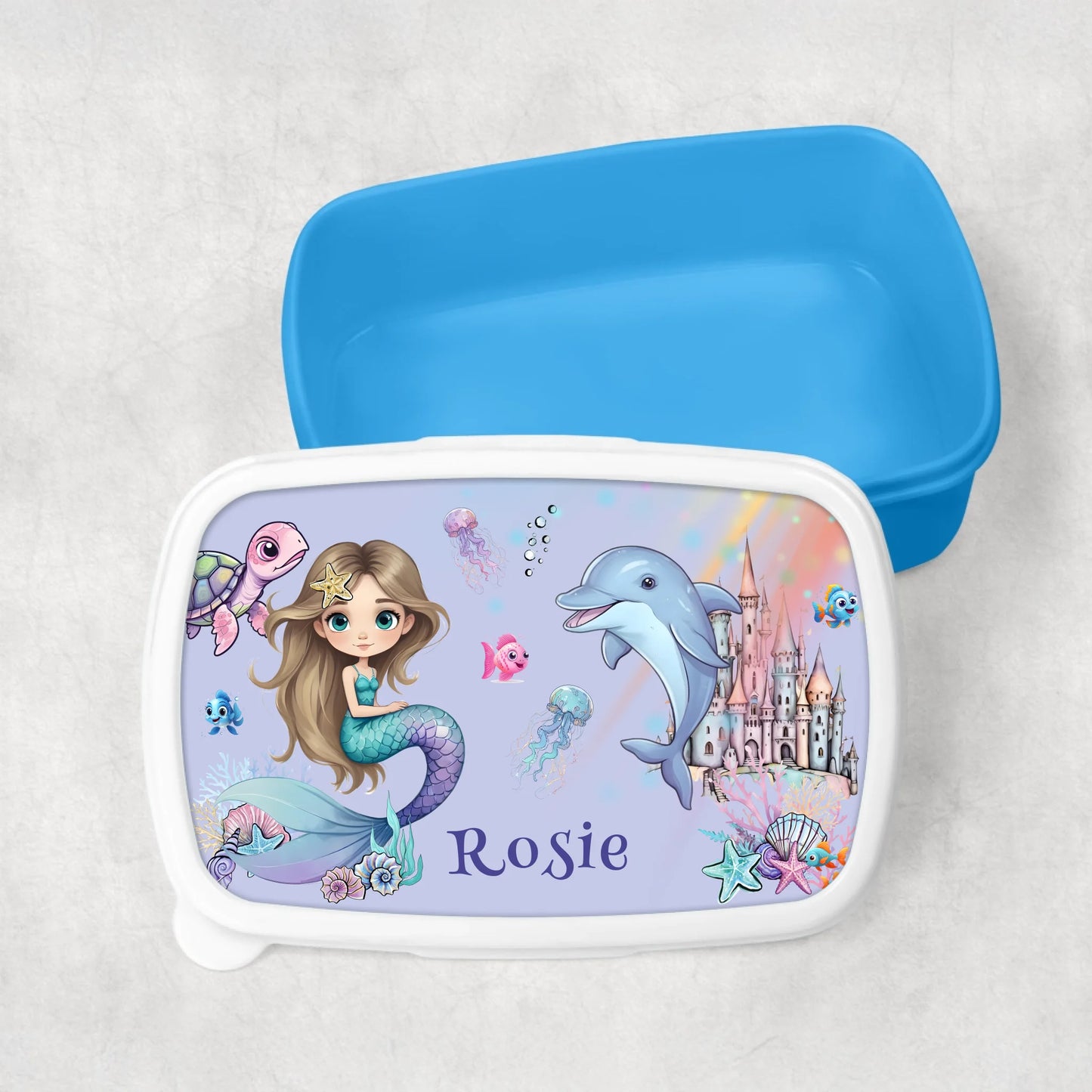 Blue lunchbox with mermaid design