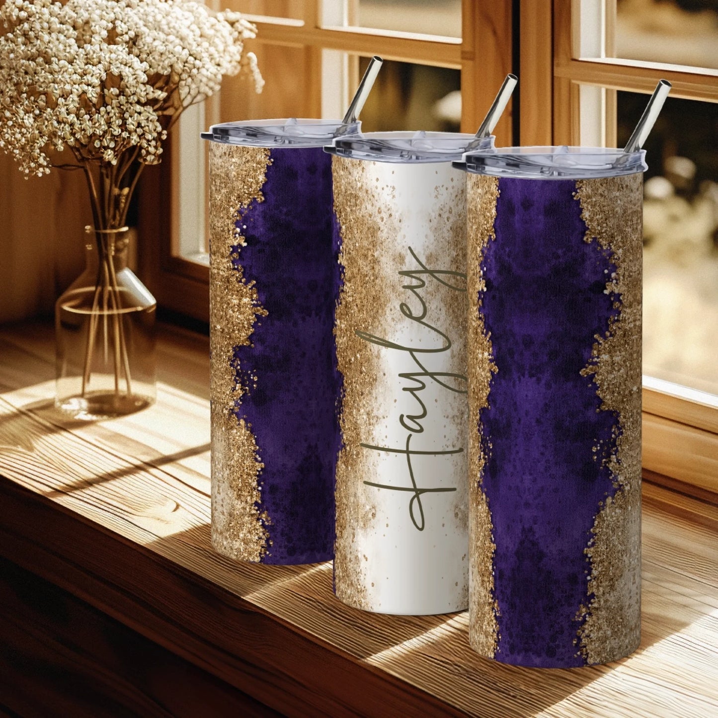 purple insulated travel cup with name